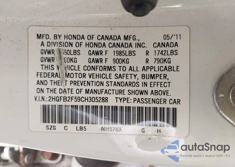 2012 Honda Civic Lx из США, поврежденный, VIN 2HGFB2F59CH305288